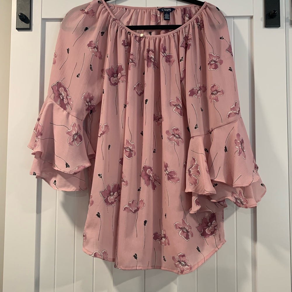 Chaps Rose-Pink Floral Tiered Ruffle Blouse